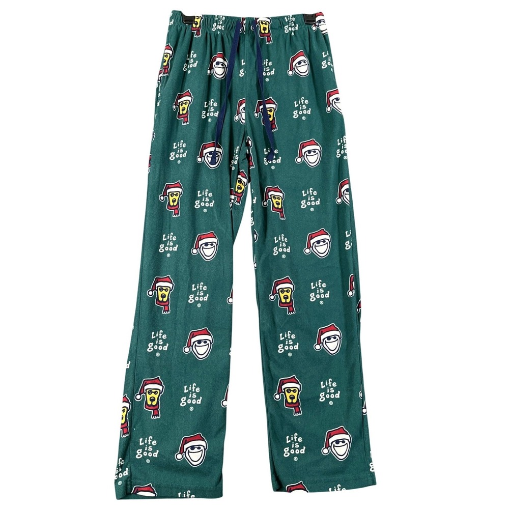 Life is Good‎ Pajama Pants Womens M Green Santa Hat Dog Fleece Holiday Sleepwear